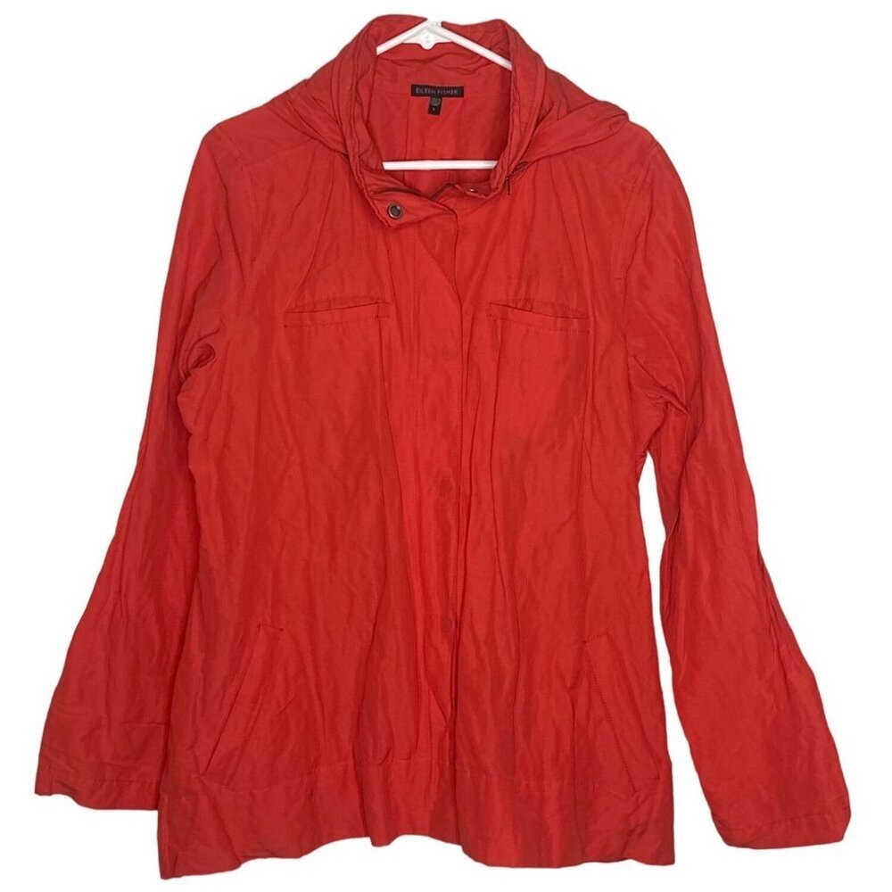 Eileen Fisher Stand Collar Stowaway Hood Rumpled Orange Jacket Womens L *read*